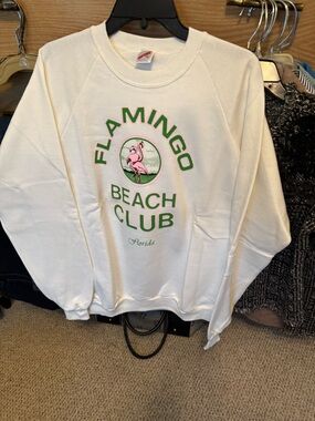 Jerzees white Flamingo Beach Club Sweatshirt with Pink & Green Graphic